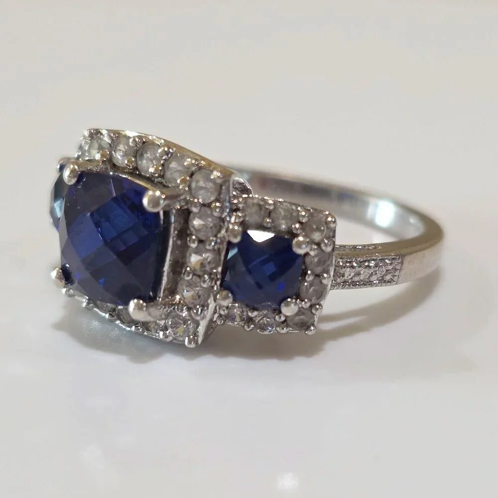 Cushion Cut Blue Three (3) Stone CZ Accent 925 Sterling Silver Ring Size 6.75
